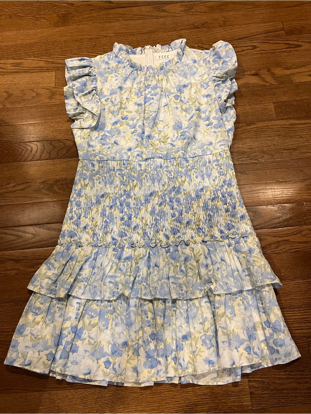 Ice Light Blue and Pale Yellow Floral Ruffle Dress